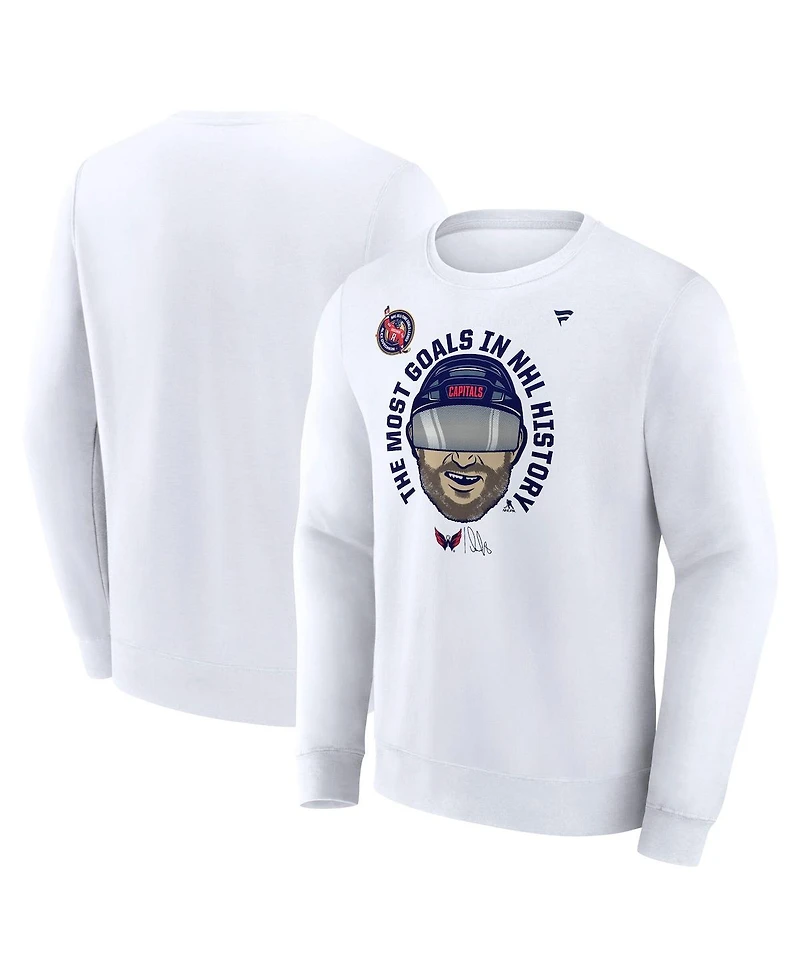 Fanatics Men's Alexander Ovechkin White Washington Capitals Nhl All-Time Leading Goal Scorer GR8 Caricature Fleece Pullover Sweatshirt