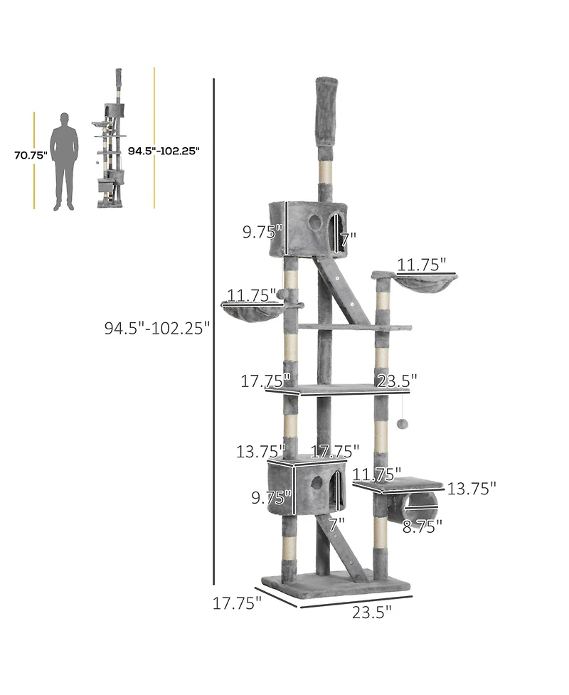 PawHut Floor to Ceiling Cat Tree, 94.5"-102.5" Adjustable Height Cat Tower