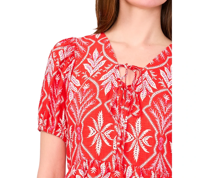 Msk Petite Placed Print Puff-Sleeve Swing Dress