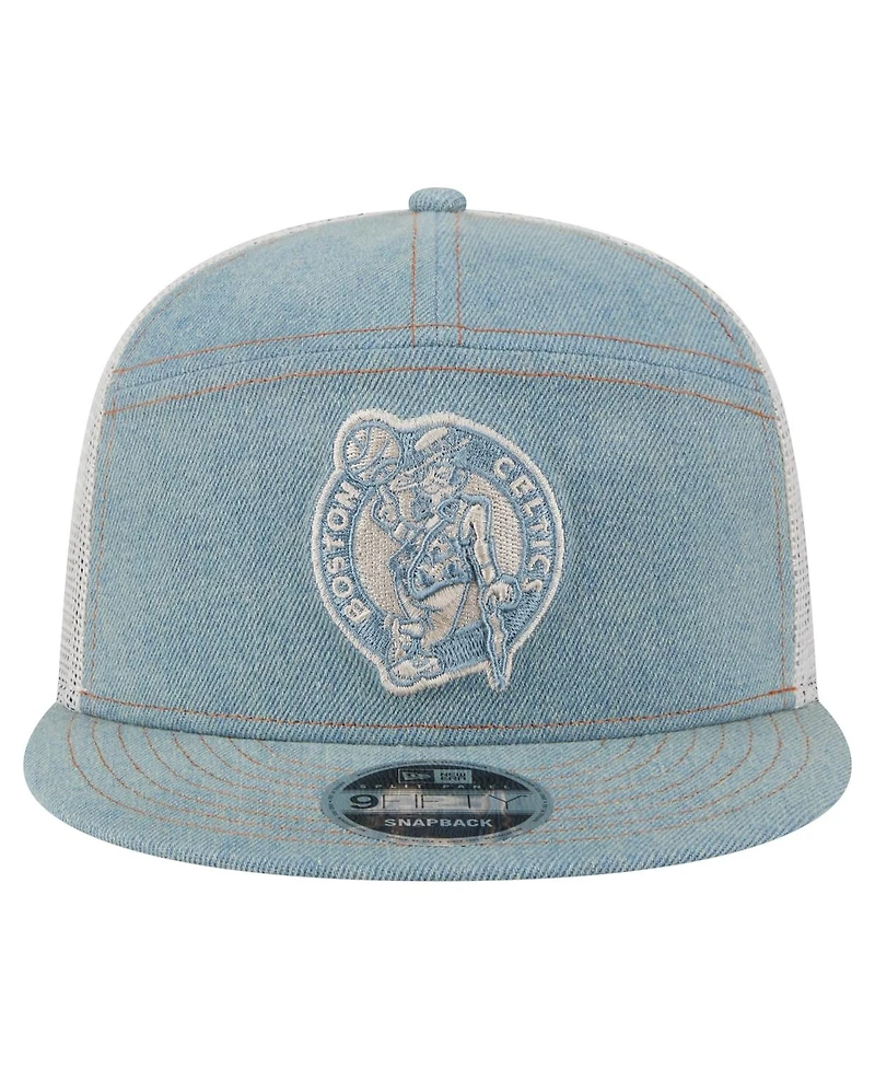 New Era Men's Boston Celtics Adventure Denim Split Panel 9FIFTY Snapback Trucker Hat