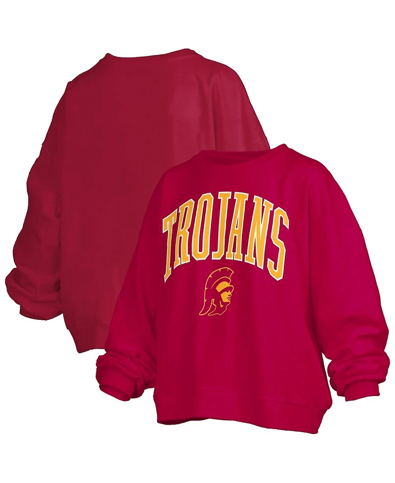Pressbox Women's Cardinal Usc Trojans Janise Arch Over Logo Waist Length Oversized Pullover Sweatshirt