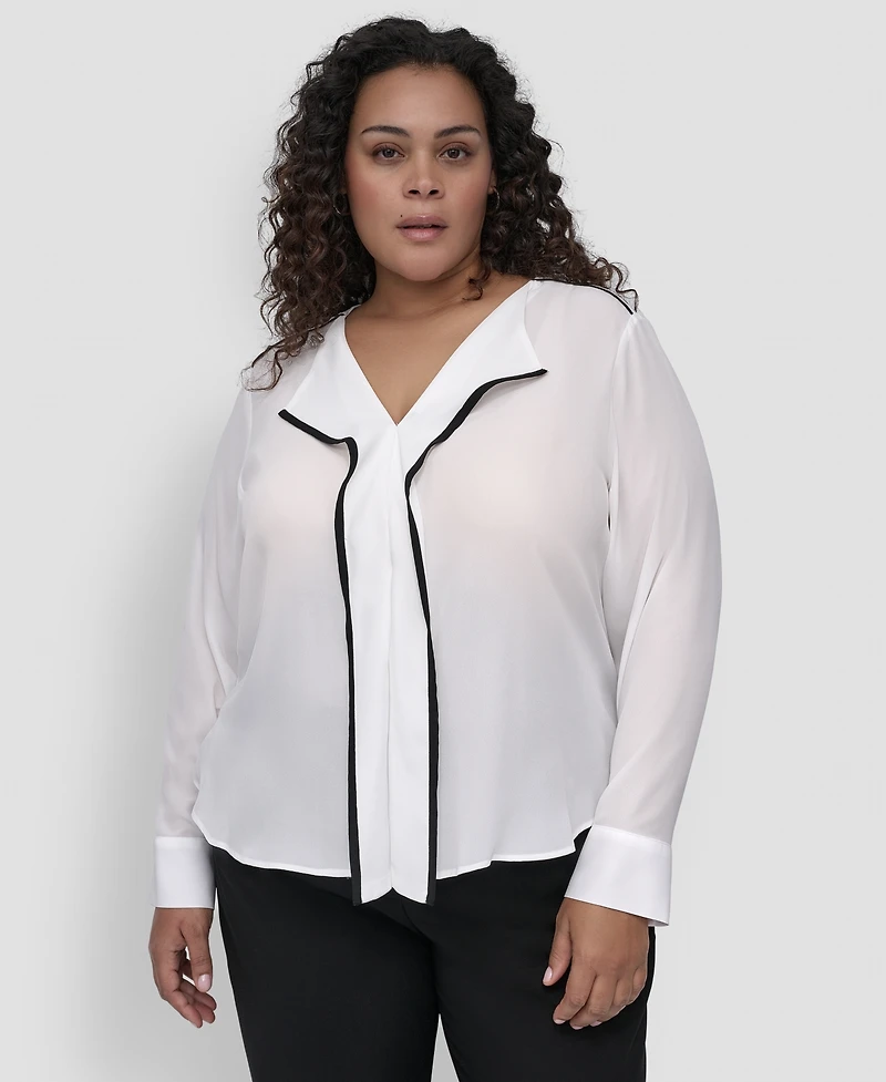 Dkny Plus Contrast-Trim Long-Sleeve Blouse