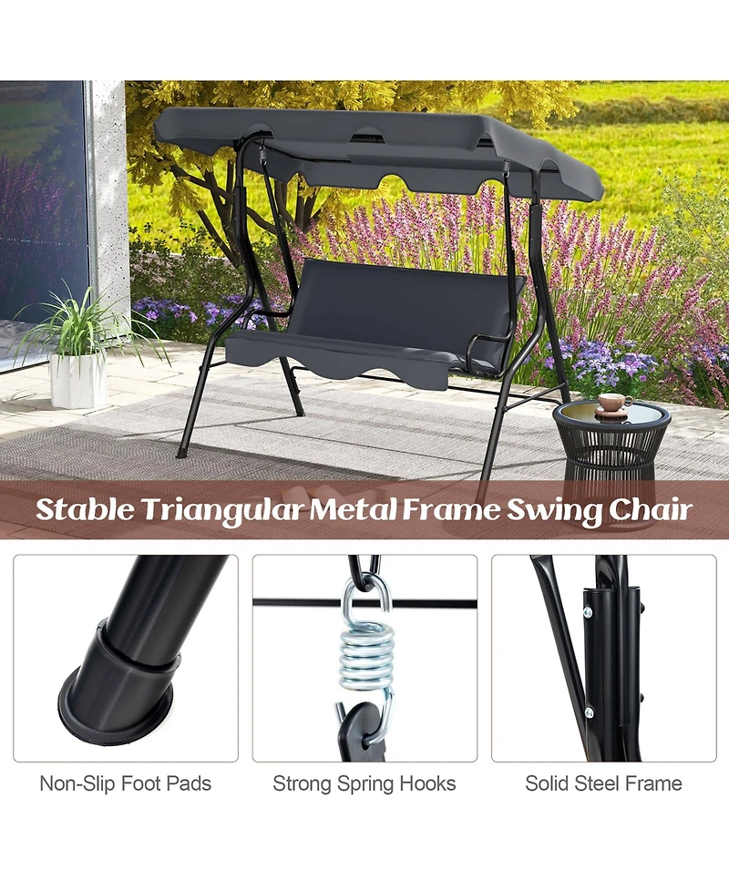 3 Seat Outdoor Patio Canopy Swing with Cushioned Steel Frame