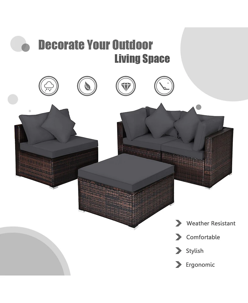 Gymax 4PCS Rattan Patio Conversation Furniture Set Yard Outdoor w/ Grey Cushion