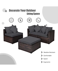 Gymax 4PCS Rattan Patio Conversation Furniture Set Yard Outdoor w/ Grey Cushion