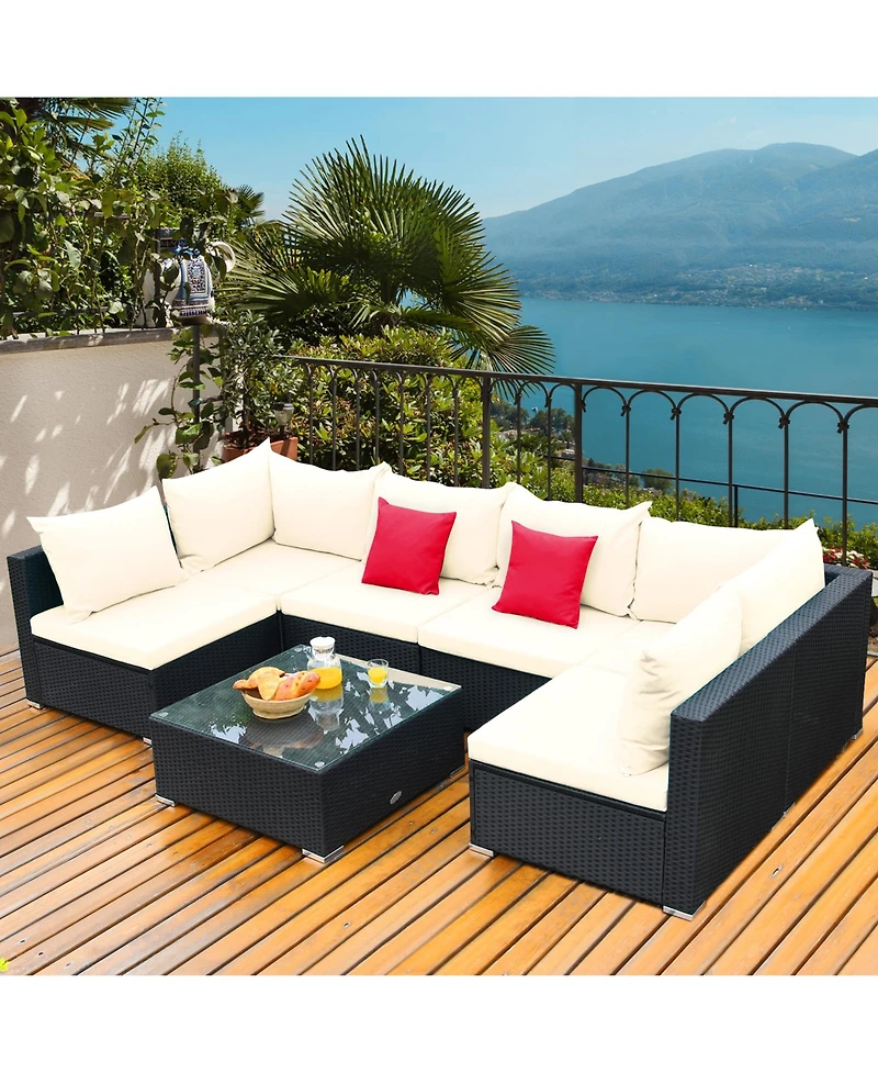 Gymax 7PCS Rattan Patio Conversation Sectional Furniture Set w/ Cushion Pillow
