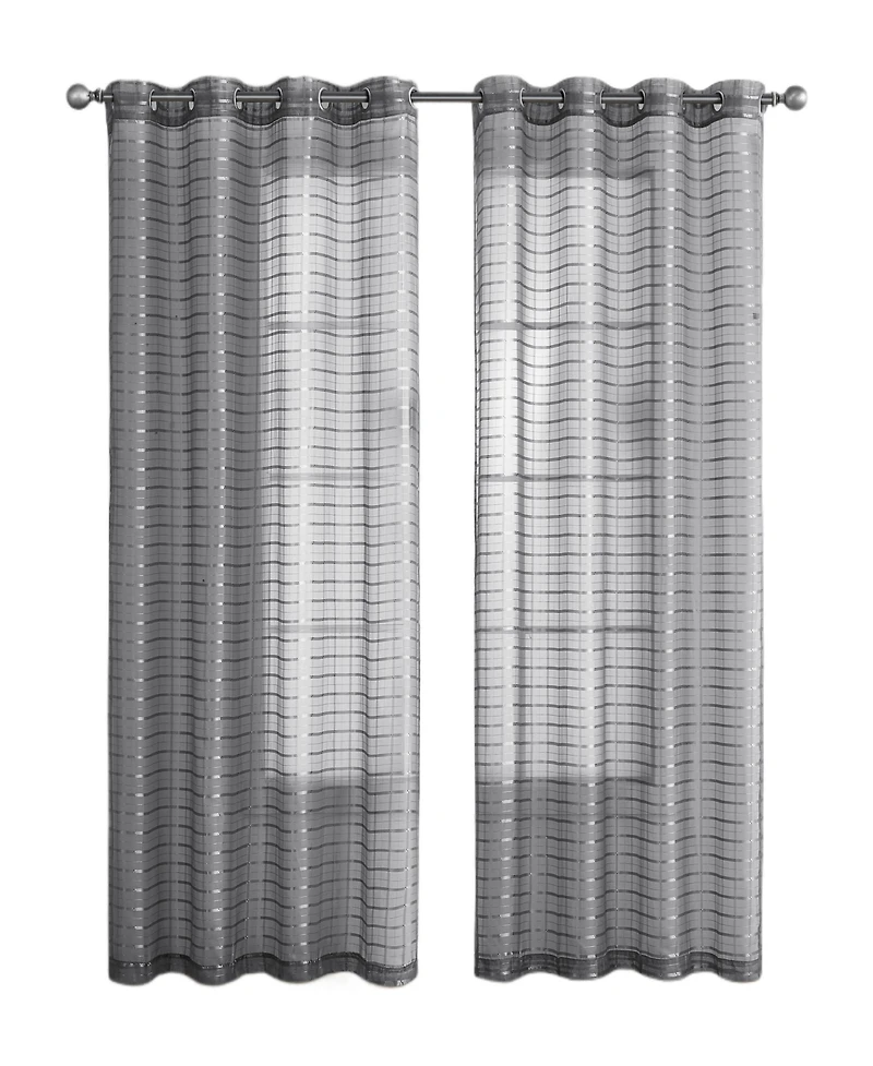 Kate Aurora 2 Piece Silver Plaid Grommet Top Sheer Window Curtain Panels