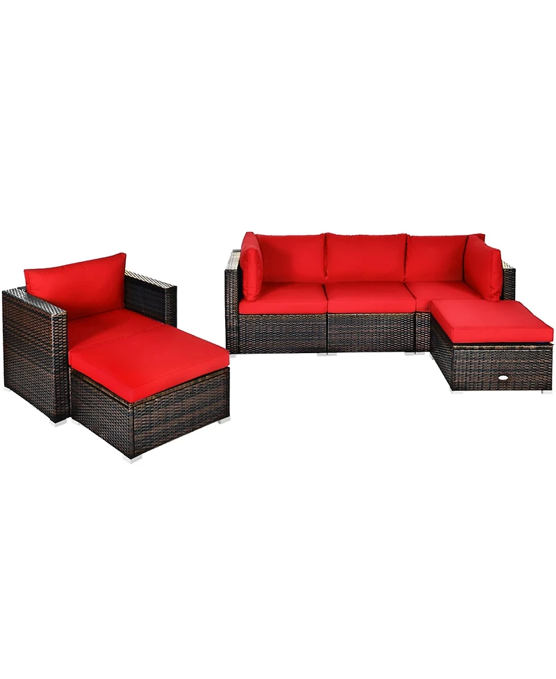 Gymax 6PCS Patio Conversation Set Rattan Sectional Furniture Set w/ Red Cushions