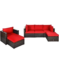 Gymax 6PCS Patio Conversation Set Rattan Sectional Furniture Set w/ Red Cushions