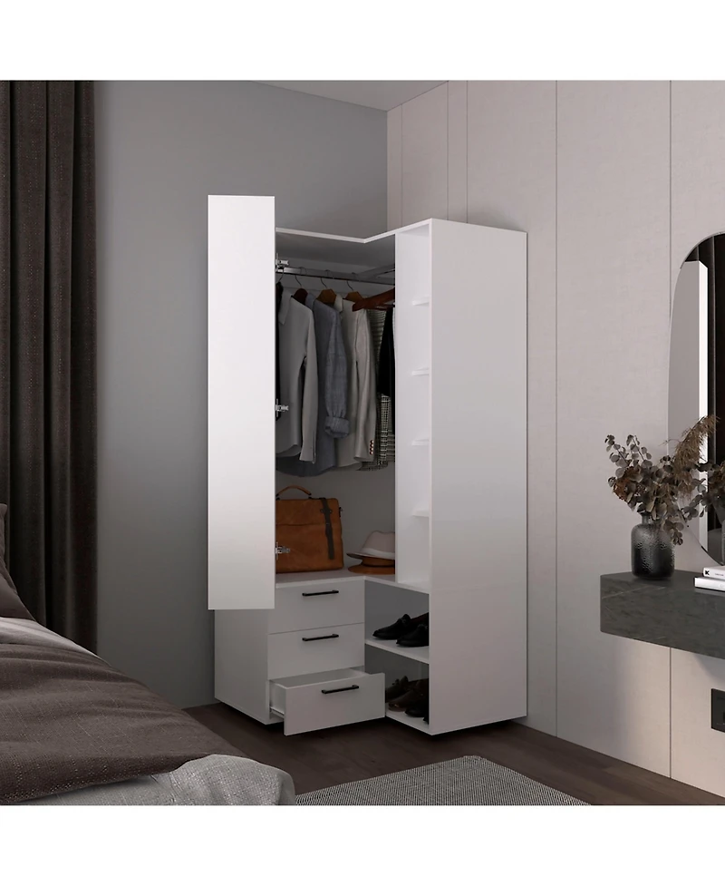 Granger Armoire, 1 Door, 3 Drawers, 7 Shelves, 10 Legs, White