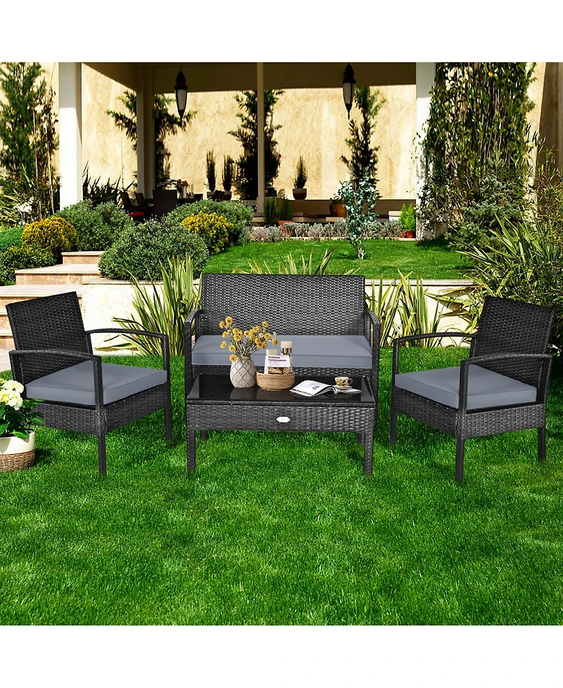 Gymax 8PCS Patio Wicker Rattan Conversation Set Outdoor Furniture Set w/ Cushion