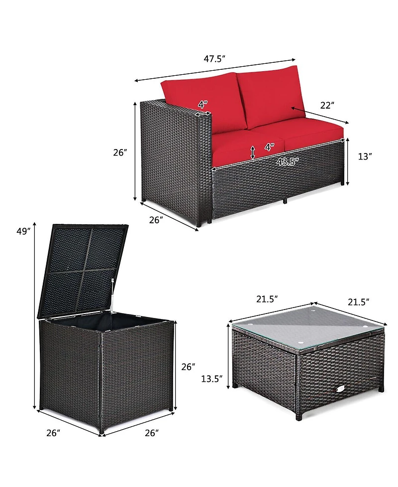 Gymax 8PCS Cushioned Rattan Patio Conversation Set w/ Side Table Red Cushion