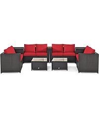 Gymax 8PCS Cushioned Rattan Patio Conversation Set w/ Side Table Red Cushion