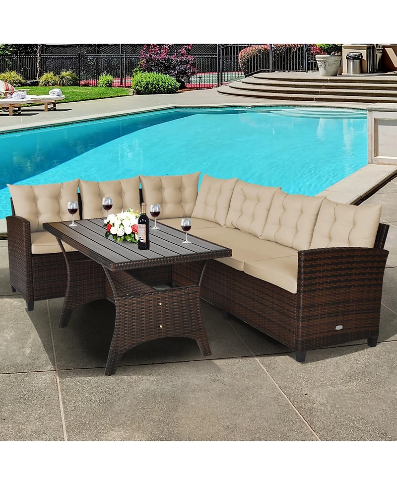 Gymax 3PCS Rattan Dining Sofa Set w/6 Cushioned Seats Patio Furniture