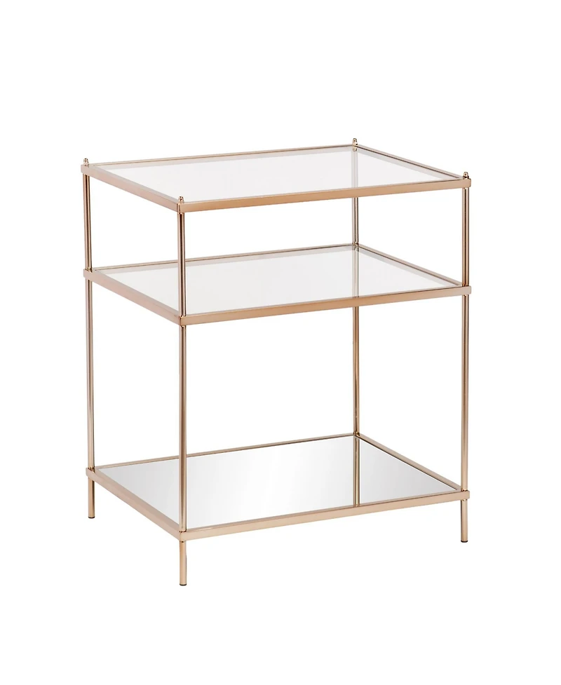 27" Gold And Clear Glass And Iron End Table With Mirrored Shelf