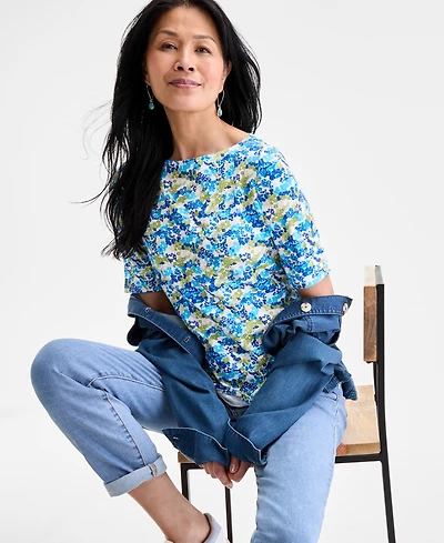 Style & Co Petite Printed Cuffed-Sleeve Top, Exclusively at Macy's