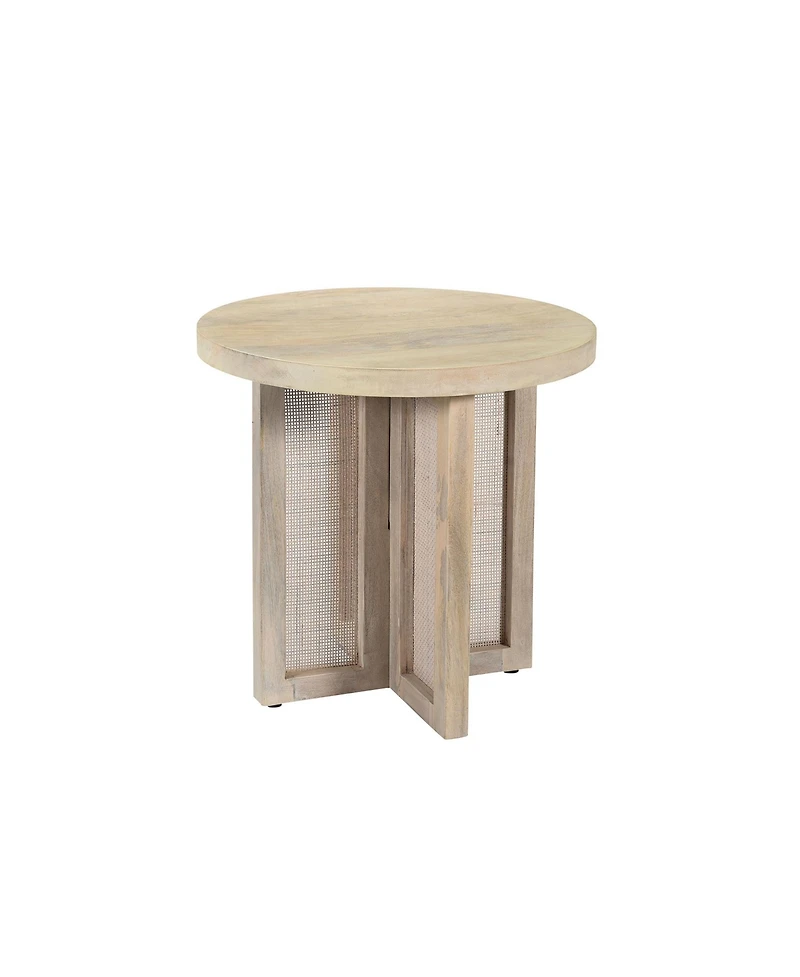 22-Inch Round End Table Natural Solid Wood Top with Rattan Base for Farmhouse Decor