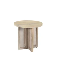 22-Inch Round End Table Natural Solid Wood Top with Rattan Base for Farmhouse Decor