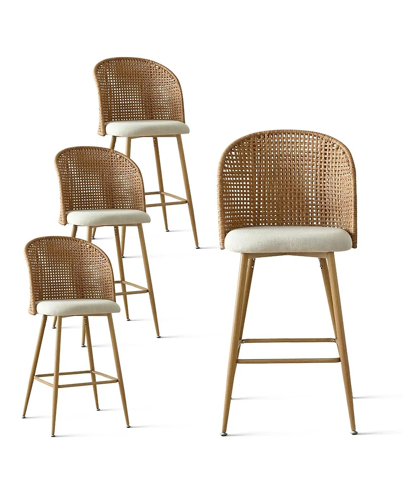 Set of 4 Rattan Back Bar Stools, 29" Beige Upholstered Bar Height Chairs with Woven Cane Back-Maison Boucle