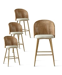 Set of 4 Rattan Back Bar Stools, 29" Beige Upholstered Bar Height Chairs with Woven Cane Back-Maison Boucle