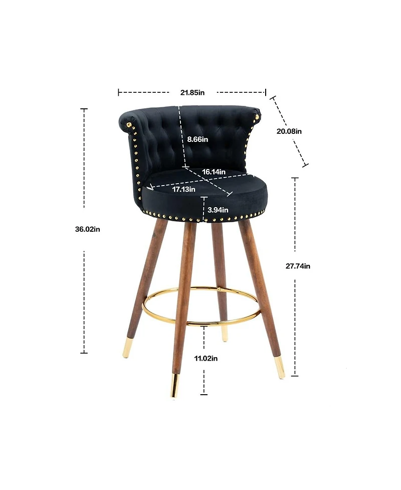 Set of 2 Swivel Bar Stools with Backrest and Footrest Upholstered Counter Height Chairs Solid Wood Legs for Kitchen Island Dining or Home Bar-The