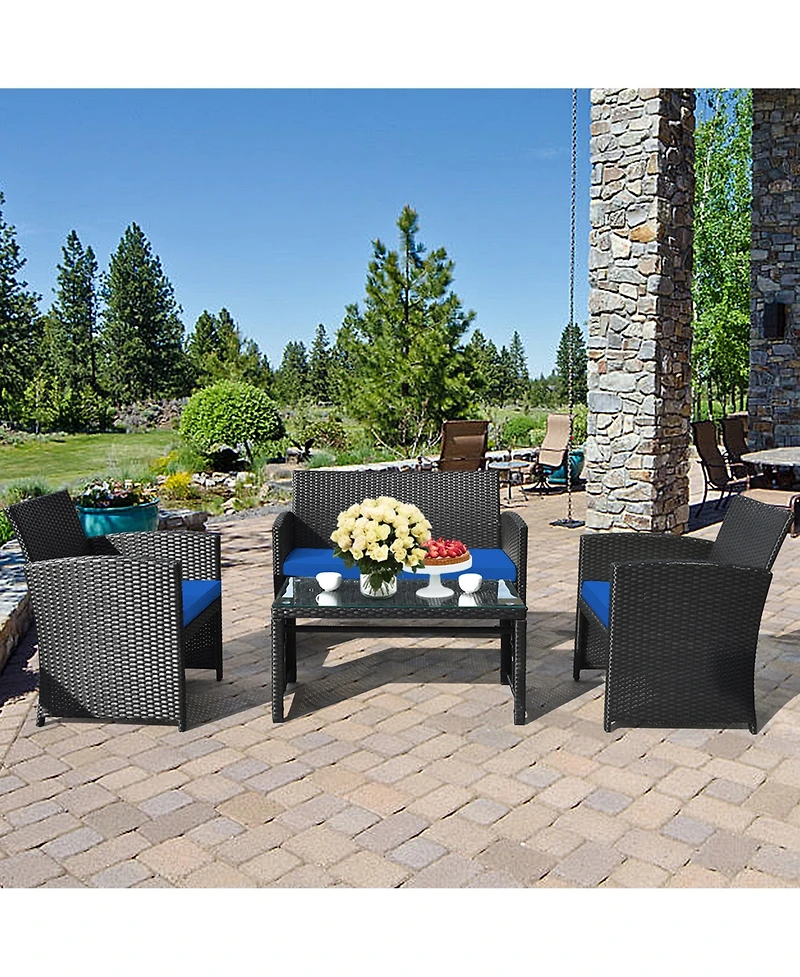 Gymax 8PCS Rattan Outdoor Conversation Set Patio Furniture Set w/ Navy Cushions