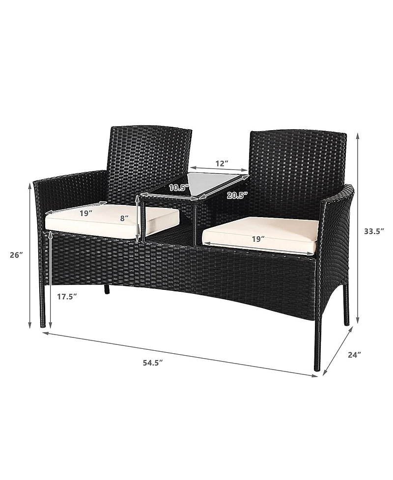 Gymax Cushioned Rattan Wicker Patio Conversation Set w/ Table Steel Frame