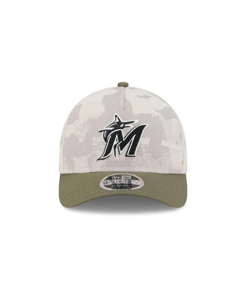 New Era Men's Light Beige/Olive Miami Marlins 2025 Armed Forces Day 9FORTY M-Crown A-Frame Adjustable Hat