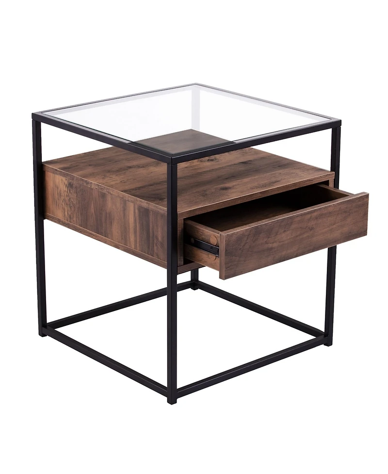 22" Black Glass And Iron Square End Table With Drawer With Shelf