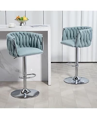 Set of 2 Adjustable Swivel Bar Stools with Woven Fabric Back and Footrest Modern Upholstered Counter Height Chairs for Kitchen Island or Area-The
