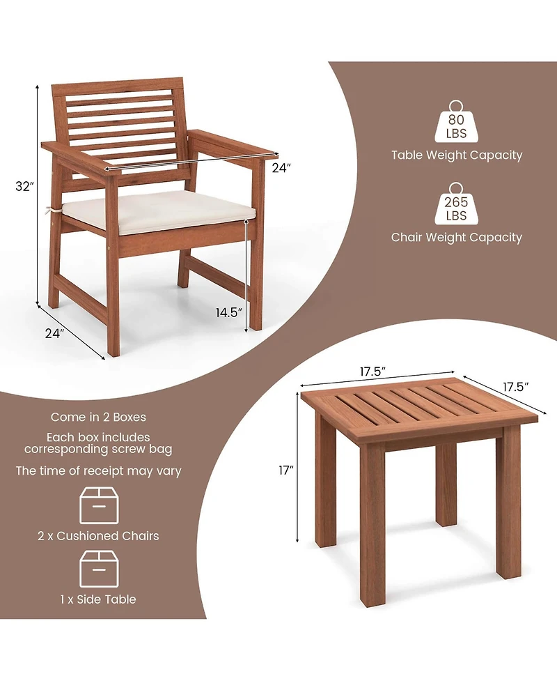 3 Pcs Patio Furniture Set with 2 Seat Cushions Coffee Table Solid Wood Chairs