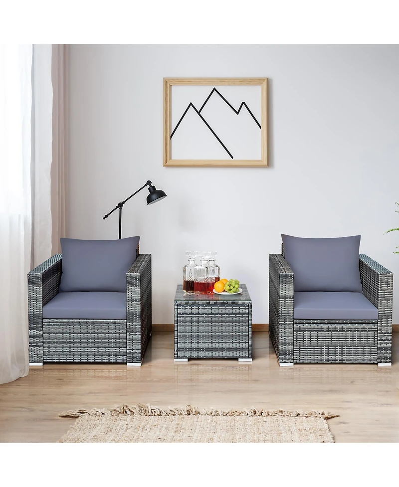 3 Pcs Patio Rattan Furniture Bistro Set Cushioned Sofa Chair Glass Table Garden