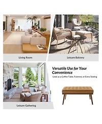 Aurora Modern Genuine Leather Ottoman With Solid Wood Legs