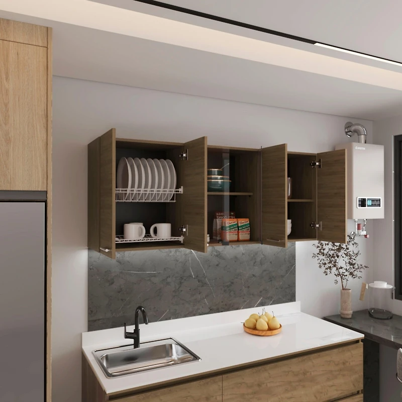 Oceana 150 Wall Cabinet with Four Doors, Two Internal Shelves, Internal Plate and Glass Organizer, Two Storage Shelves with Two Glass Doors, Natural O