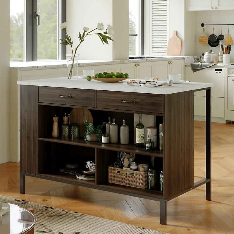Kitchen island with 2 drawers, iron feet, island storage table with dining table, coffee station and microwave rack for home, dining room, marble and