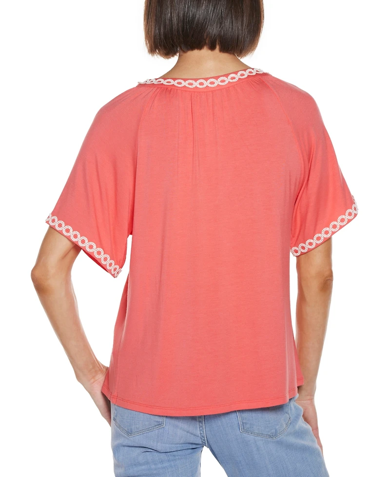 Belldini Women's Crochet Trim Short Sleeve Knit Top