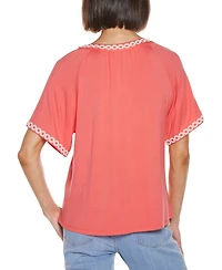 Belldini Women's Crochet Trim Short Sleeve Knit Top