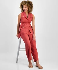 Anne Klein Womens Sleeveless Tie Waist Patch Pocket Jacket Pull On Wide Leg Ankle Pants