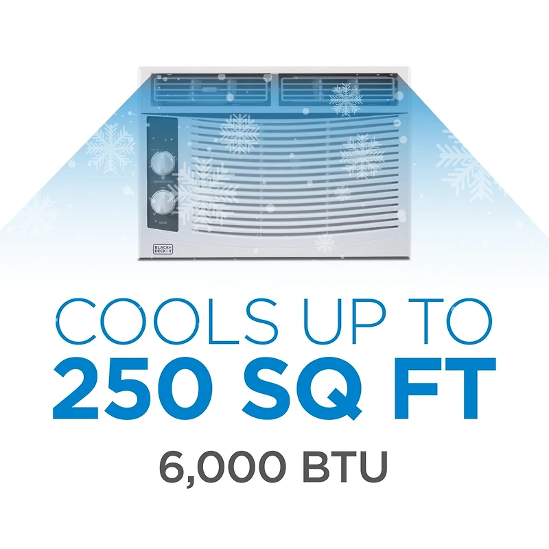Black+Decker Window Air Conditioner 6,000 Btu, Ac Window Unit Cools Up to 250 Square Feet, Window Ac Unit with Remote Control, 3 Cooling Speeds and Fa