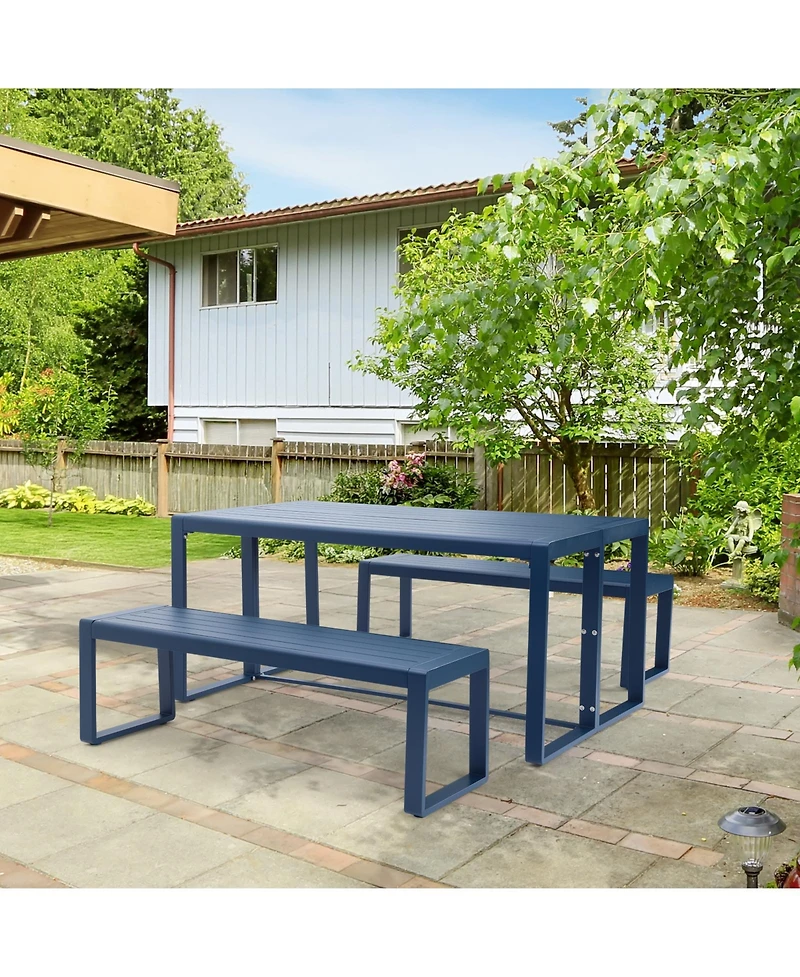 Aoodor 3-Piece Outdoor Patio Dining Set, Aluminum Furniture Set with 1 Rectangular Picnic Table and 2 Benches for Garden, Lawn, Yard