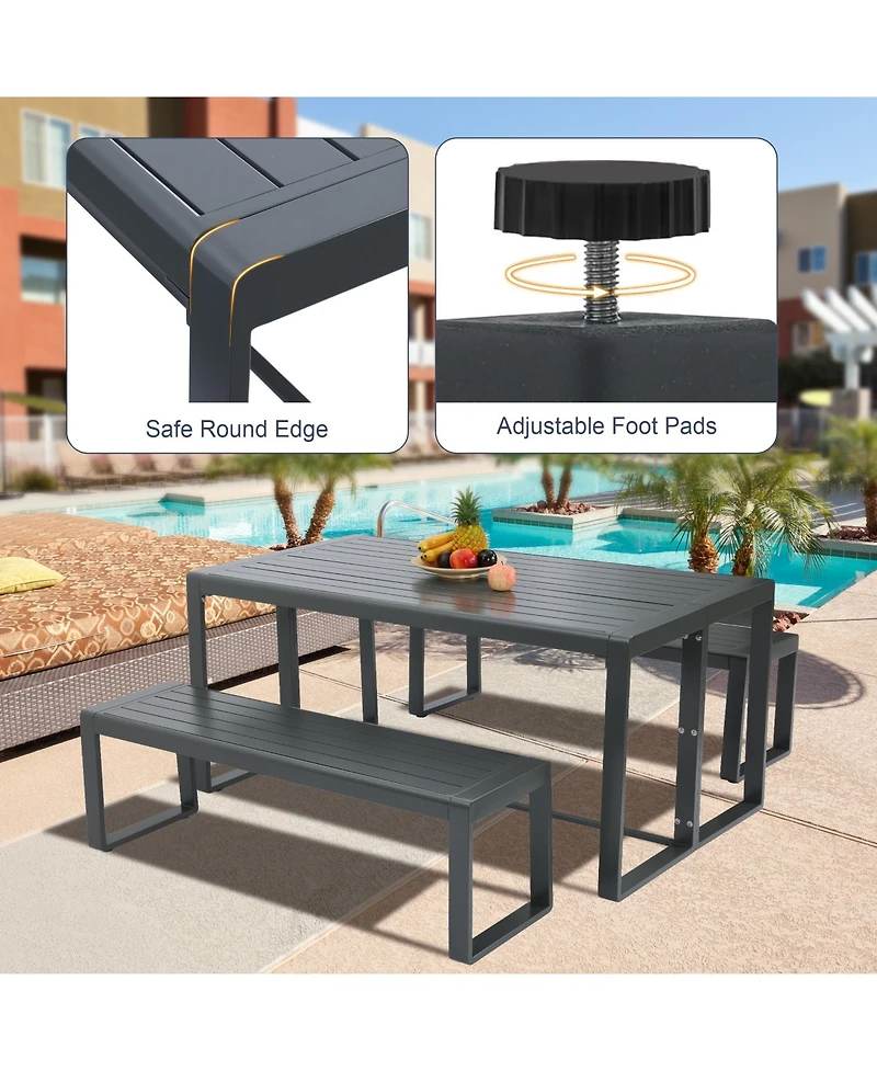 Aoodor 3-Piece Outdoor Patio Dining Set, Aluminum Furniture Set with 1 Rectangular Picnic Table and 2 Benches for Garden, Lawn, Yard