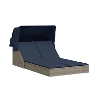 Double Sun Lounger with Canopy and Cushions Gray Poly Rattan