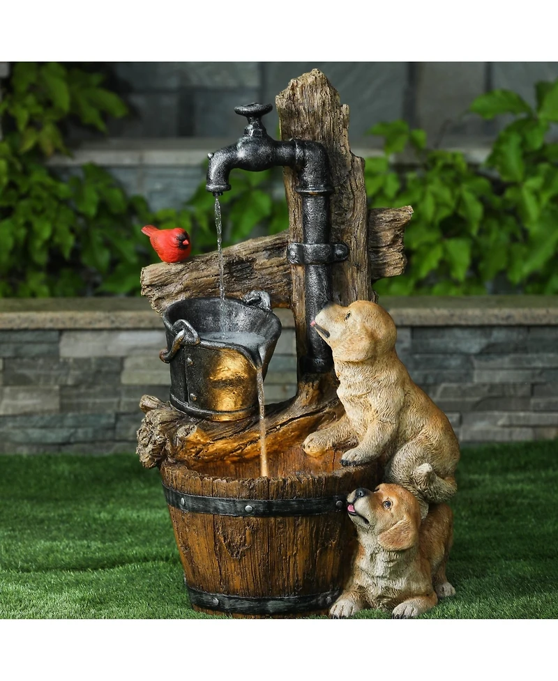 LuxenHome Resin Puppies and Water Pump Outdoor Patio Fountain with Led Light