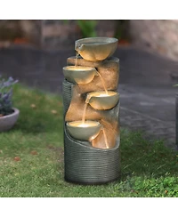 LuxenHome Modern Gray Resin Tiered Bowls Outdoor Fountain with Lights