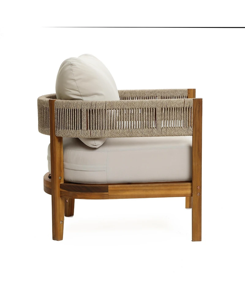 LuxenHome Outdoor Acacia Wood with Rope Sides Club Armchair with Cushions
