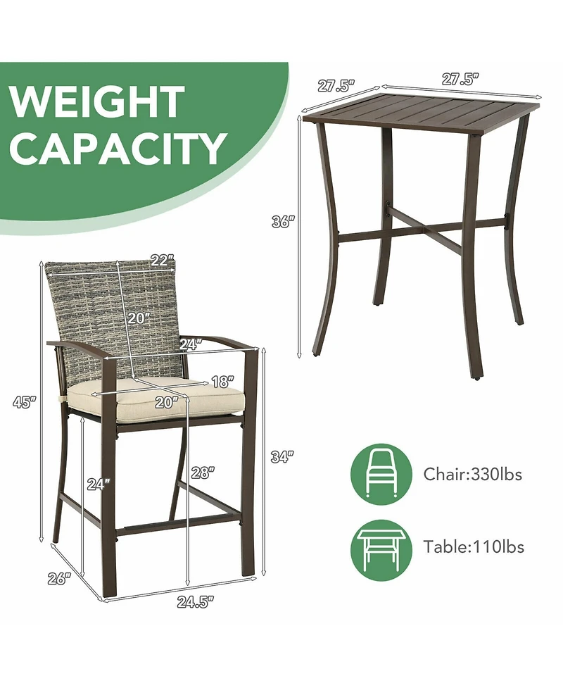 Gymax 3PCS Patio Bar Set Outdoor Conversation Furniture Set w/ Cushions