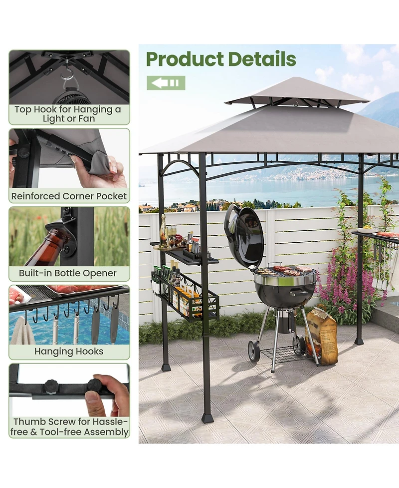 8 x 5 Ft Outdoor Grill Gazebo with 2 Side Shelves and 20 Hooks
