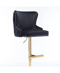 Velvet Adjustable Bar Stool with Tufted Backrest Lion Head Ring and Gold Metal Base for Kitchen Island Dining Room or Home Bar Set of 1-The Pop Home