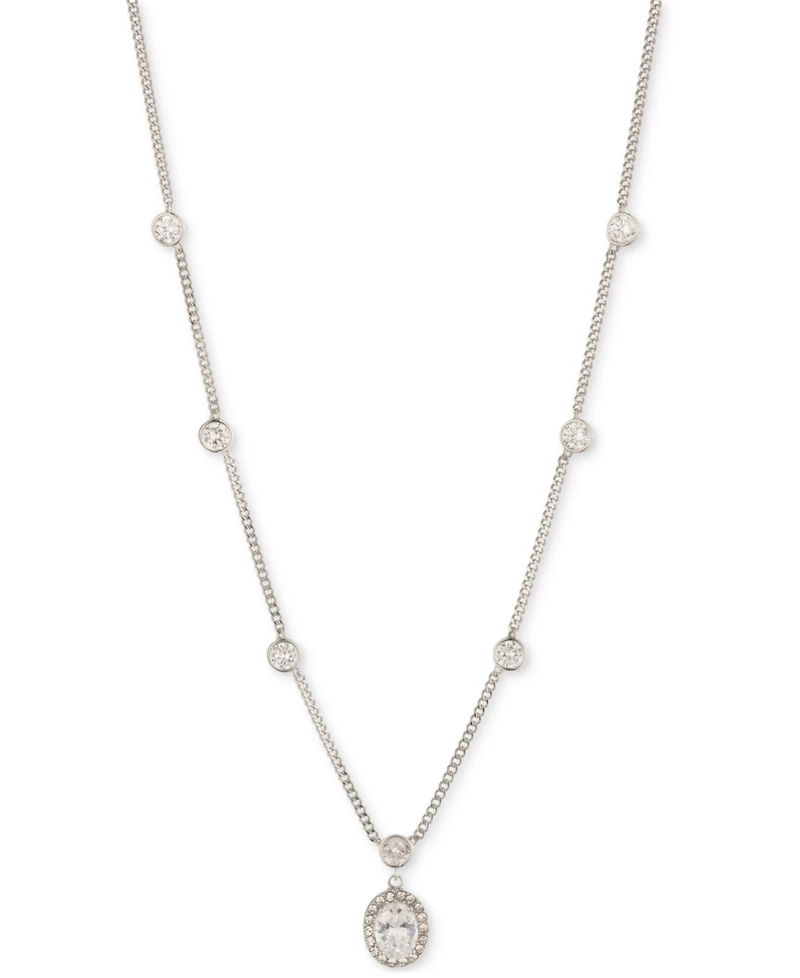 Givenchy Silver-Tone Pave & Oval Crystal Halo Pendant Necklace, 16" + 3" extender