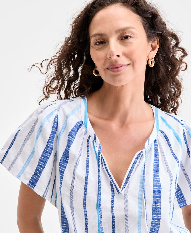 Style & Co Women's Cotton Stripe Split-Neck Flutter-Sleeve Top, Exclusively at Macy's
